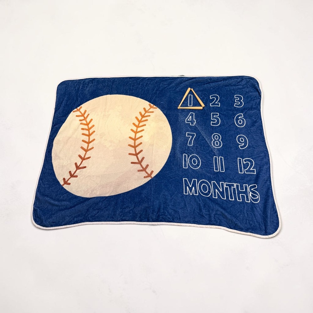 Baseball Baby Monthly Milestone Blanket Navy Blue Fleece Photo Prop with Bats